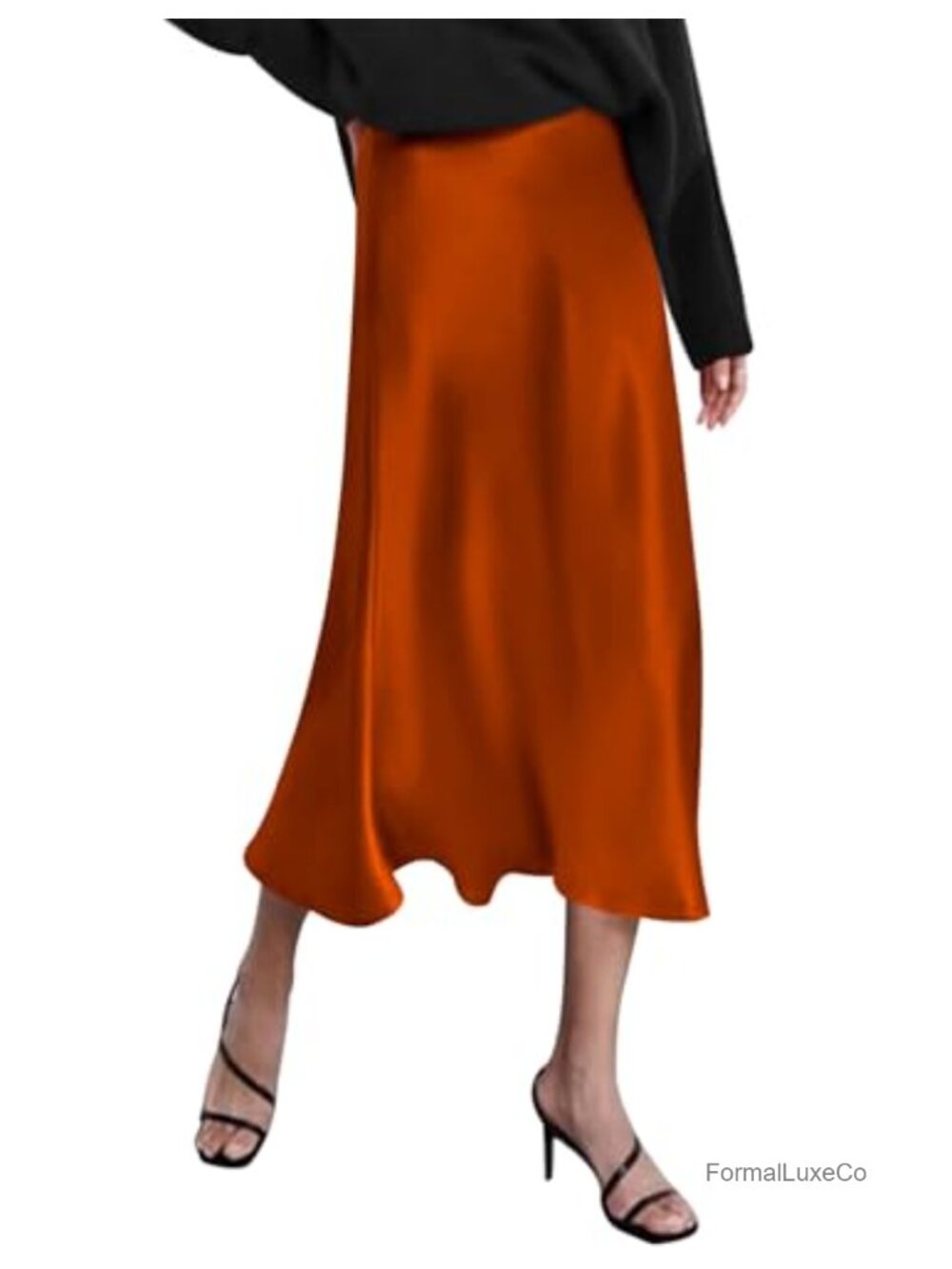 High Waisted Satin Midi Skirt A-Line Flared Hem Work Party